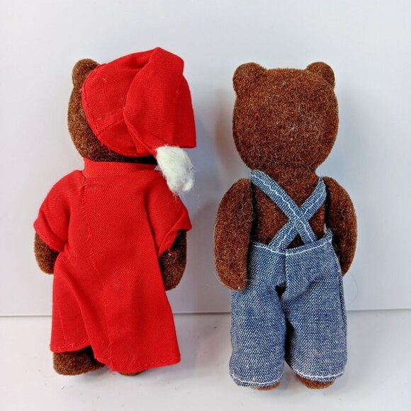 Set Of 2 Vintage Brown Bear Figurine Flocked Denim Outfit 5” Toy Arms Legs Move - Picture 2 of 5